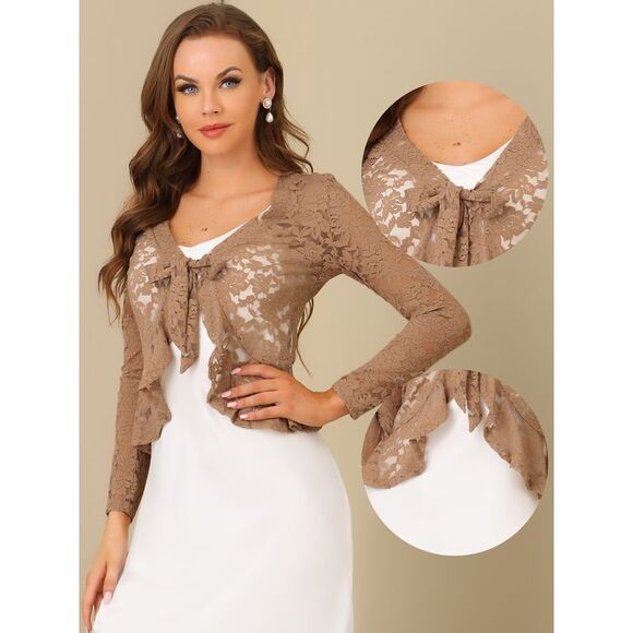 Floral Lace Shrug Tie Front Top Ruffled Hem Sheer Crop Bolero Cardigan Khaki - Picture 2 of 6